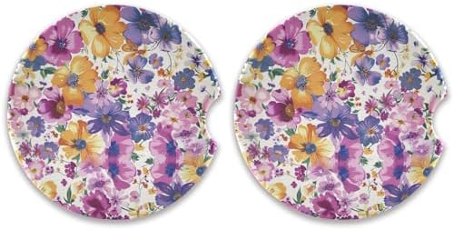 Takiito Purple Flowers Car Cup Holder Coasters 2 Pack