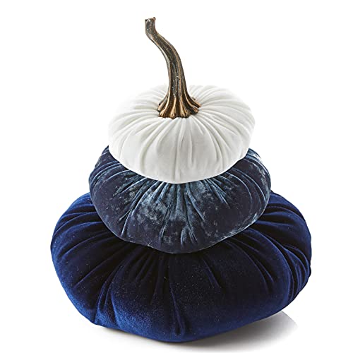 Blue Velvet Stacked Pumpkins Decor with Wreath 1