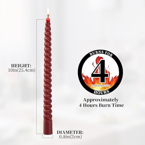 KONNI 10 Inch Spiral Taper Candle Set of 8 Dark Red Unscented Smokeless