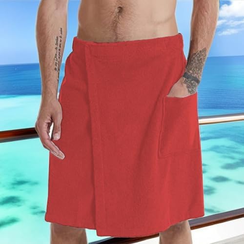 Mens Soft Coral Fleece Bath Towel Wrap Adjustable Waist Red