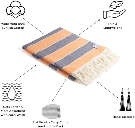 InfuseZen Terry Cloth Lined Turkish Towel - Striped OrangeNavy