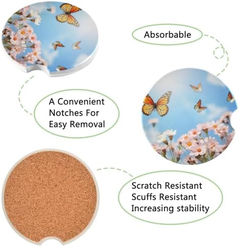 Takiito Nature Flower Car Coasters 2 Pack Ceramic Cork Base