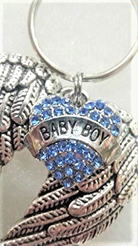 Baby Boy Memorial Sympathy Keychain with Angel Wings and Heart Charm 1