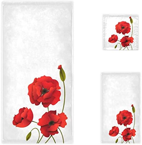 Naanle Red Poppy Flower Towel Set of 3