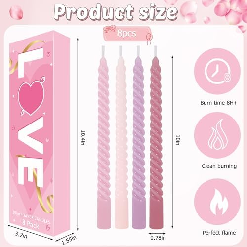 8PCS 10inch Pink Spiral Taper Candles for Valentines Day