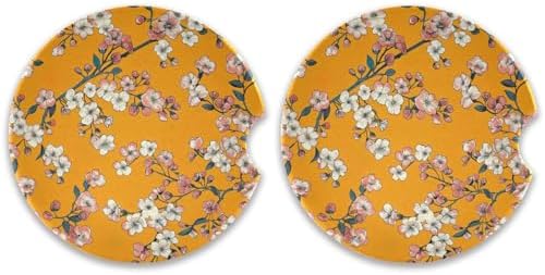 White Flowers Car Coasters 2 Pack Ceramic Cork Base