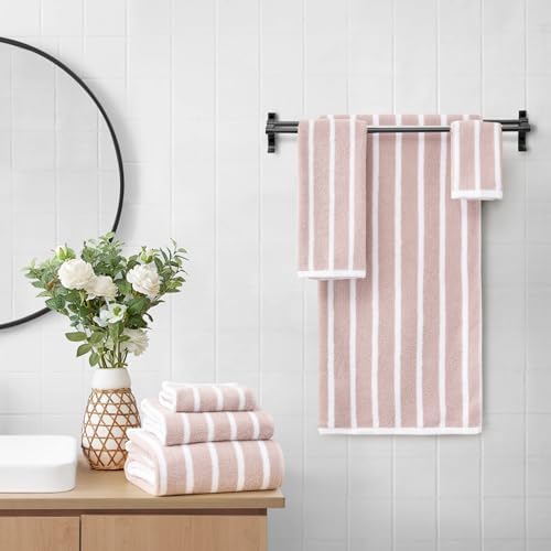 Lucky Brand Reversible Stripe 6 Piece Bath Towel Set - Grey Beige