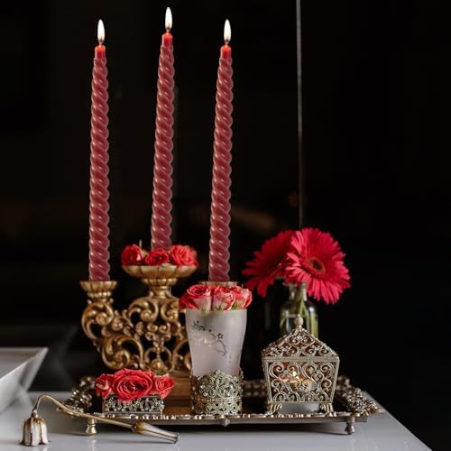 KONNI 10 Inch Spiral Taper Candle Set of 8 Dark Red Unscented Smokeless