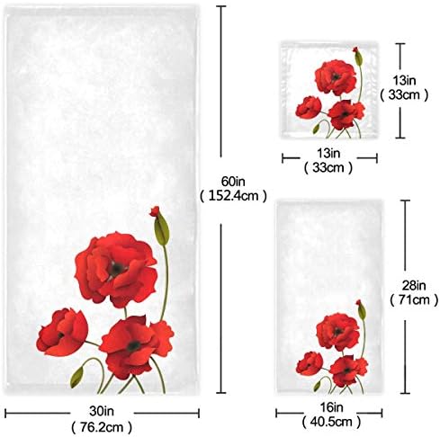 Naanle Red Poppy Flower Towel Set of 3