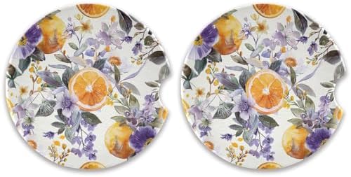 Lemon Flowers Car Coasters 2 Pack Ceramic Cork Base