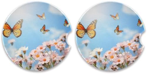 Takiito Nature Flower Car Coasters 2 Pack Ceramic Cork Base