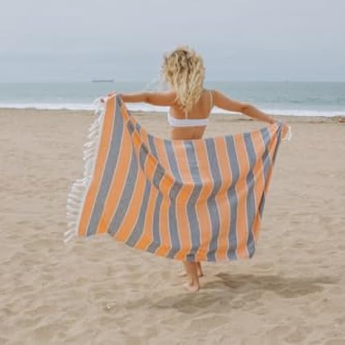 InfuseZen Terry Cloth Lined Turkish Towel - Striped OrangeNavy