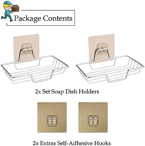 2-Pack Stainless Steel Soap Dish Holder with Self-Adhesive Hooks