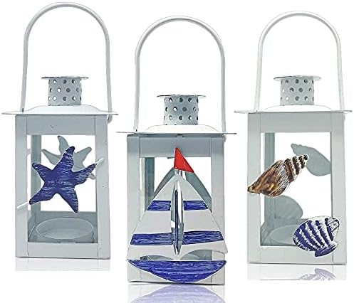 Beach Metal Lanterns Set of 3 - White Blue Nautical Decor