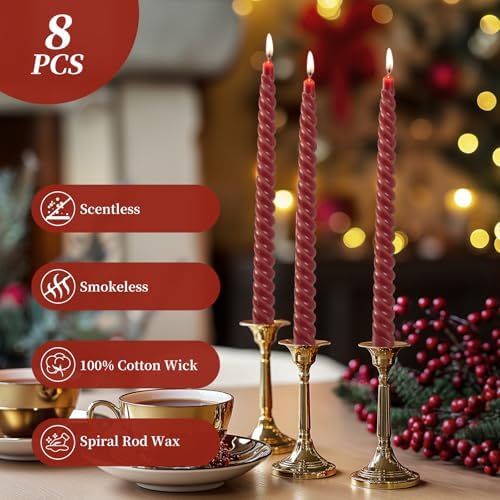 KONNI 10 Inch Spiral Taper Candle Set of 8 Dark Red Unscented Smokeless