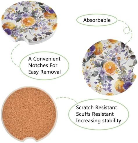 Lemon Flowers Car Coasters 2 Pack Ceramic Cork Base