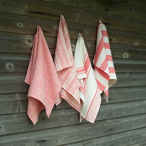 Set of 4 Bath Towels Red White Linen Multistripe