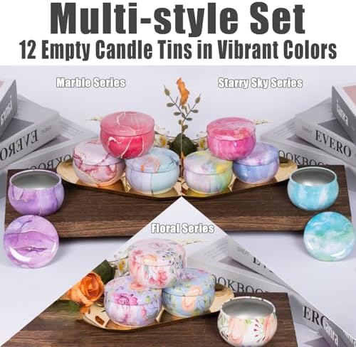 12-Pack 25oz Candle Tins with Lids Marbled Floral Starry Sky Designs