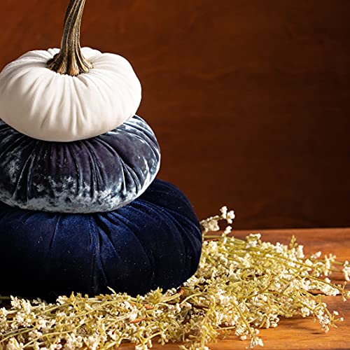Blue Velvet Stacked Pumpkins Decor with Wreath 1
