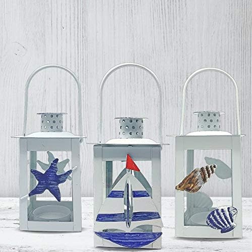 Beach Metal Lanterns Set of 3 - White Blue Nautical Decor