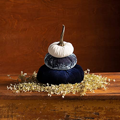 Blue Velvet Stacked Pumpkins Decor with Wreath 1