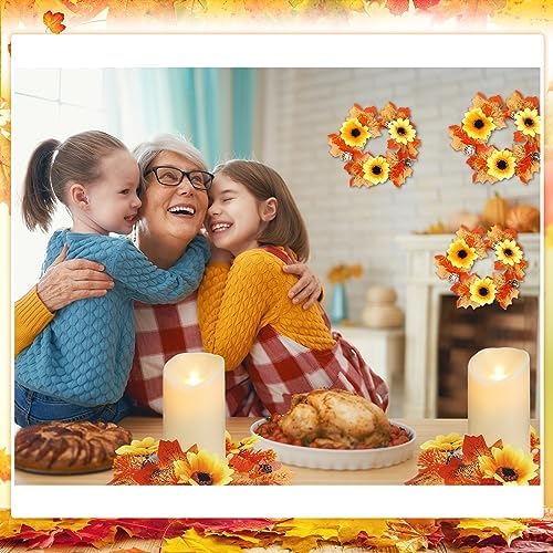 Umigy 8 Pcs Fall Candle Wreaths with Maple Leaves and Sunflowers