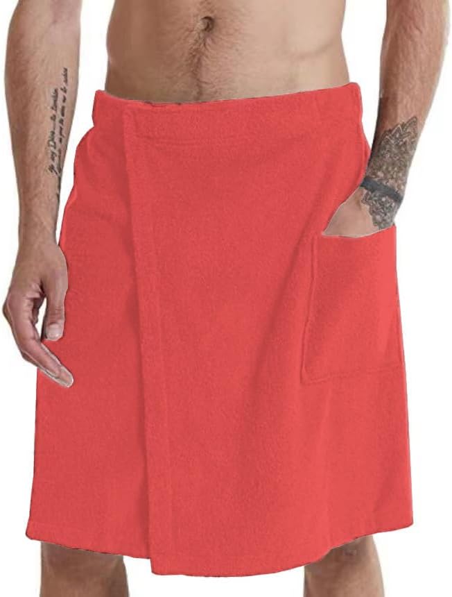 Mens Soft Coral Fleece Bath Towel Wrap Adjustable Waist Red