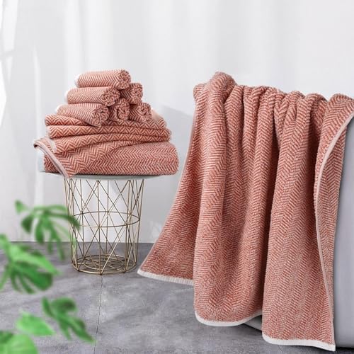 Cleanbear Coral Bath Towels Set with Herringbone Stripes