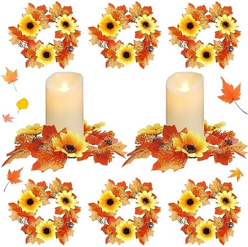 Umigy 8 Pcs Fall Candle Wreaths with Maple Leaves and Sunflowers