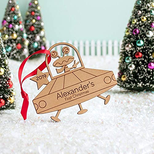 Personalized Babys First Christmas 2024 UFO Flying Saucer Wood Ornament