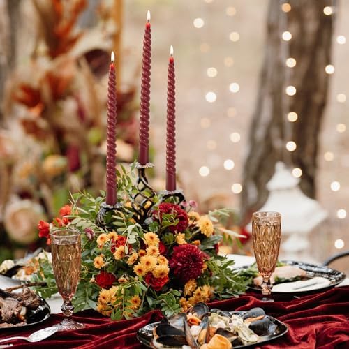 KONNI 10 Inch Spiral Taper Candle Set of 8 Dark Red Unscented Smokeless