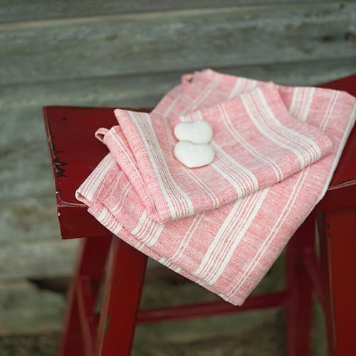 Set of 4 Bath Towels Red White Linen Multistripe