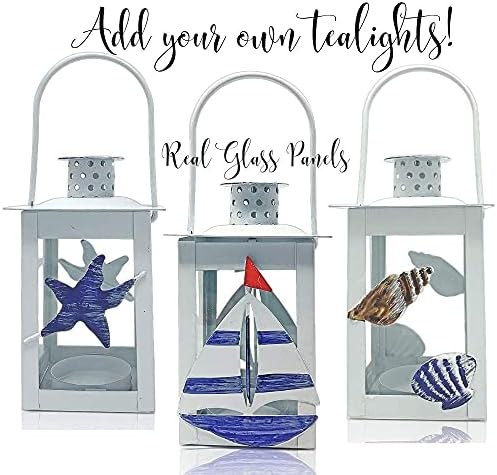 Beach Metal Lanterns Set of 3 - White Blue Nautical Decor