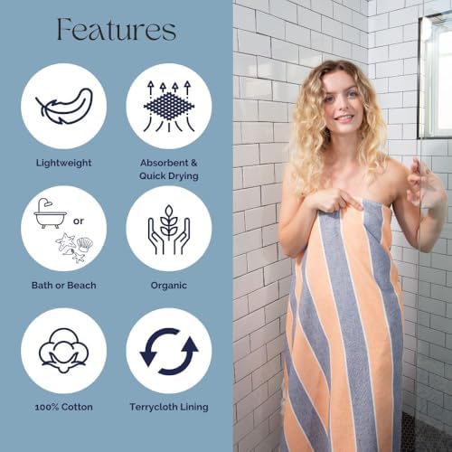InfuseZen Terry Cloth Lined Turkish Towel - Striped OrangeNavy