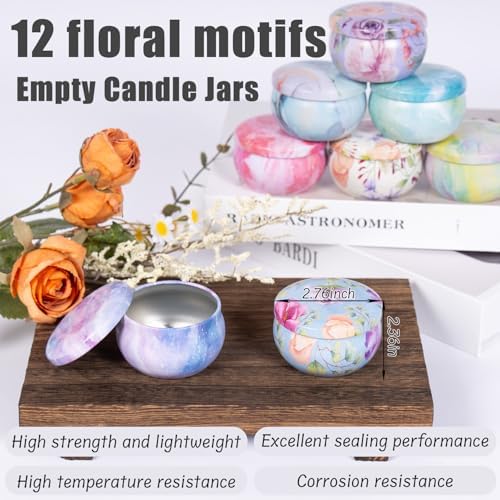 12-Pack 25oz Candle Tins with Lids Marbled Floral Starry Sky Designs