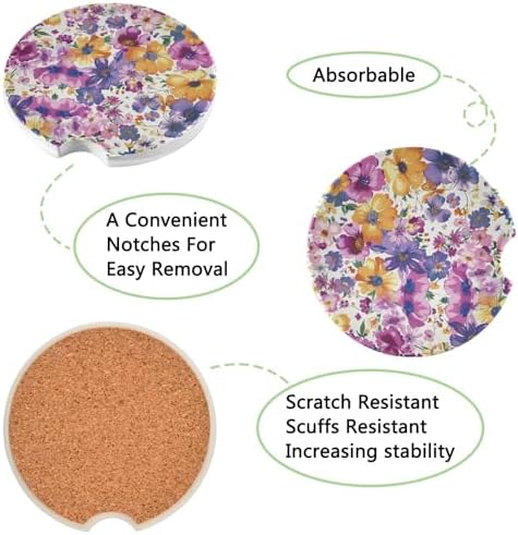Takiito Purple Flowers Car Cup Holder Coasters 2 Pack