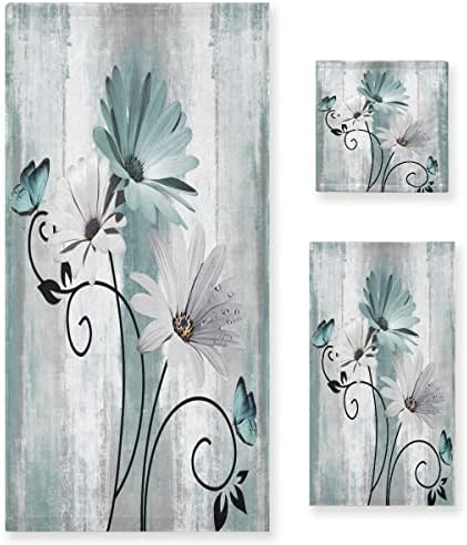 MATEKULI 3-Piece Farm Teal Daisy Bath Towel Set