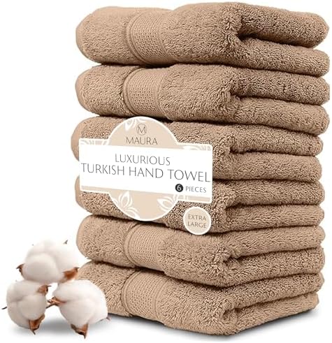 MAURA Biege Hand Towels Set of 6 - Brown Luxury Turkish Cotton
