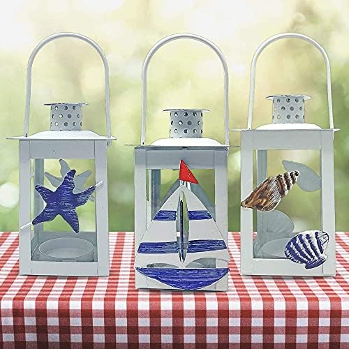 Beach Metal Lanterns Set of 3 - White Blue Nautical Decor