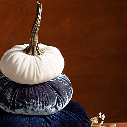 Blue Velvet Stacked Pumpkins Decor with Wreath 1