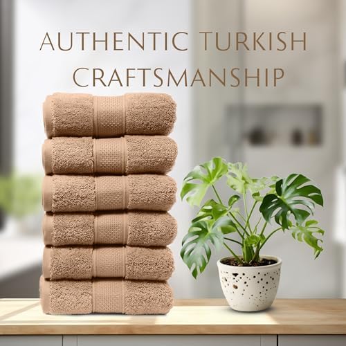MAURA Biege Hand Towels Set of 6 - Brown Luxury Turkish Cotton