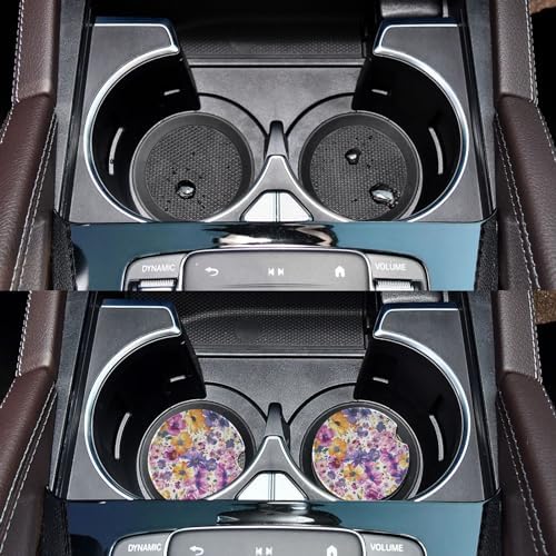 Takiito Purple Flowers Car Cup Holder Coasters 2 Pack