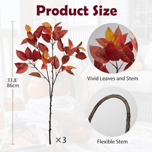 Hollyone 3 Pcs Artificial Fall Leaves Branches 338 Inch Red