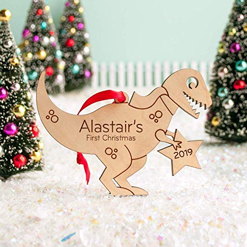 Graphic Spaces Dinosaur Ornament Personalized Tyrannosaurus Rex Babys First Christmas 2024 Wood Handmade