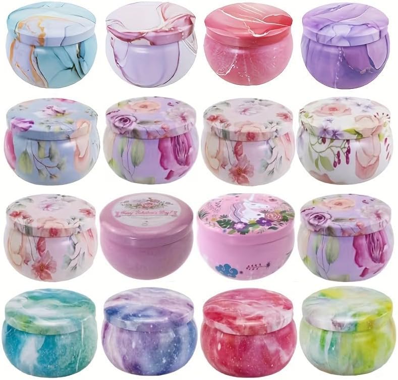 12-Pack 25oz Candle Tins with Lids Marbled Floral Starry Sky Designs