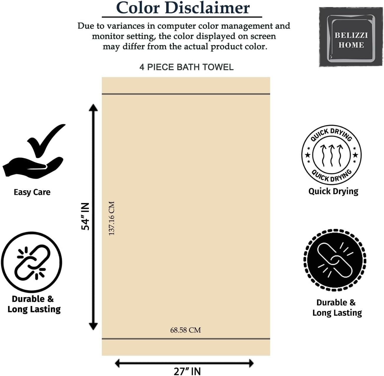 Belizzi Home 4 Pack Bath Towels 27x54 Hotel Spa Quality