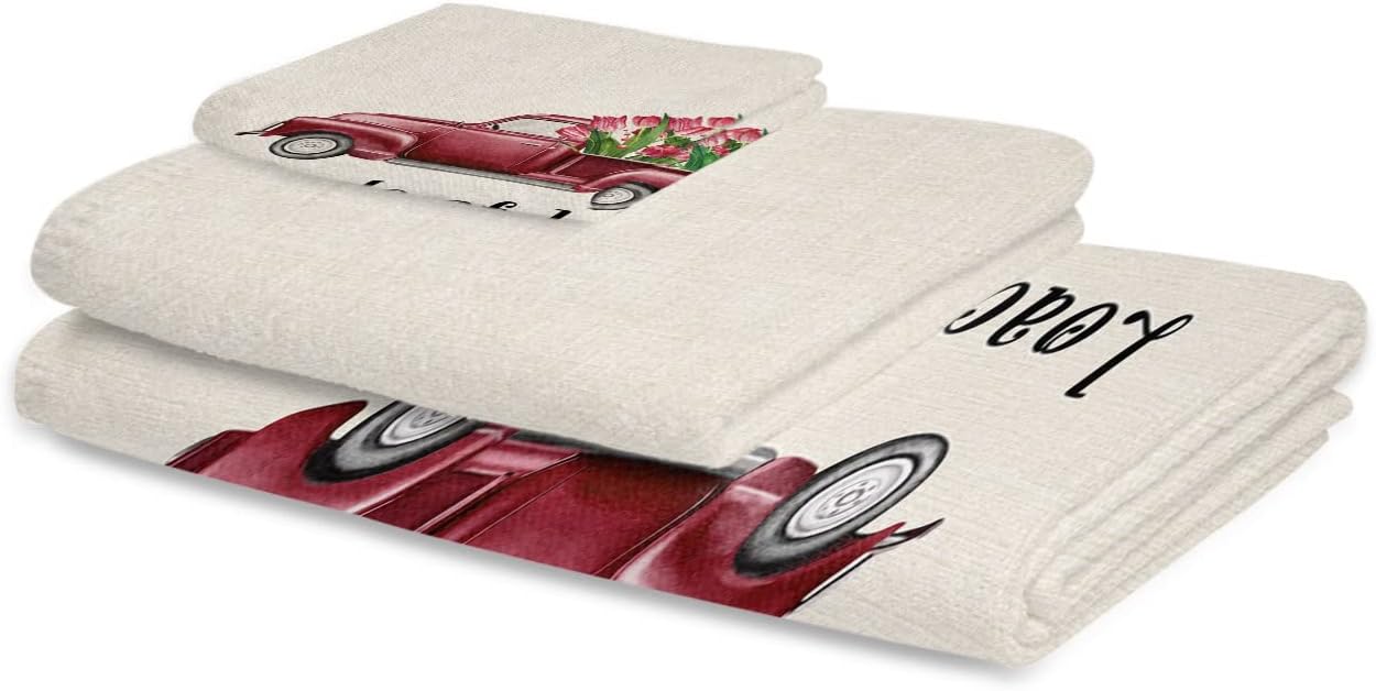 3 Piece Bath Towel Set with Red Tulip Design