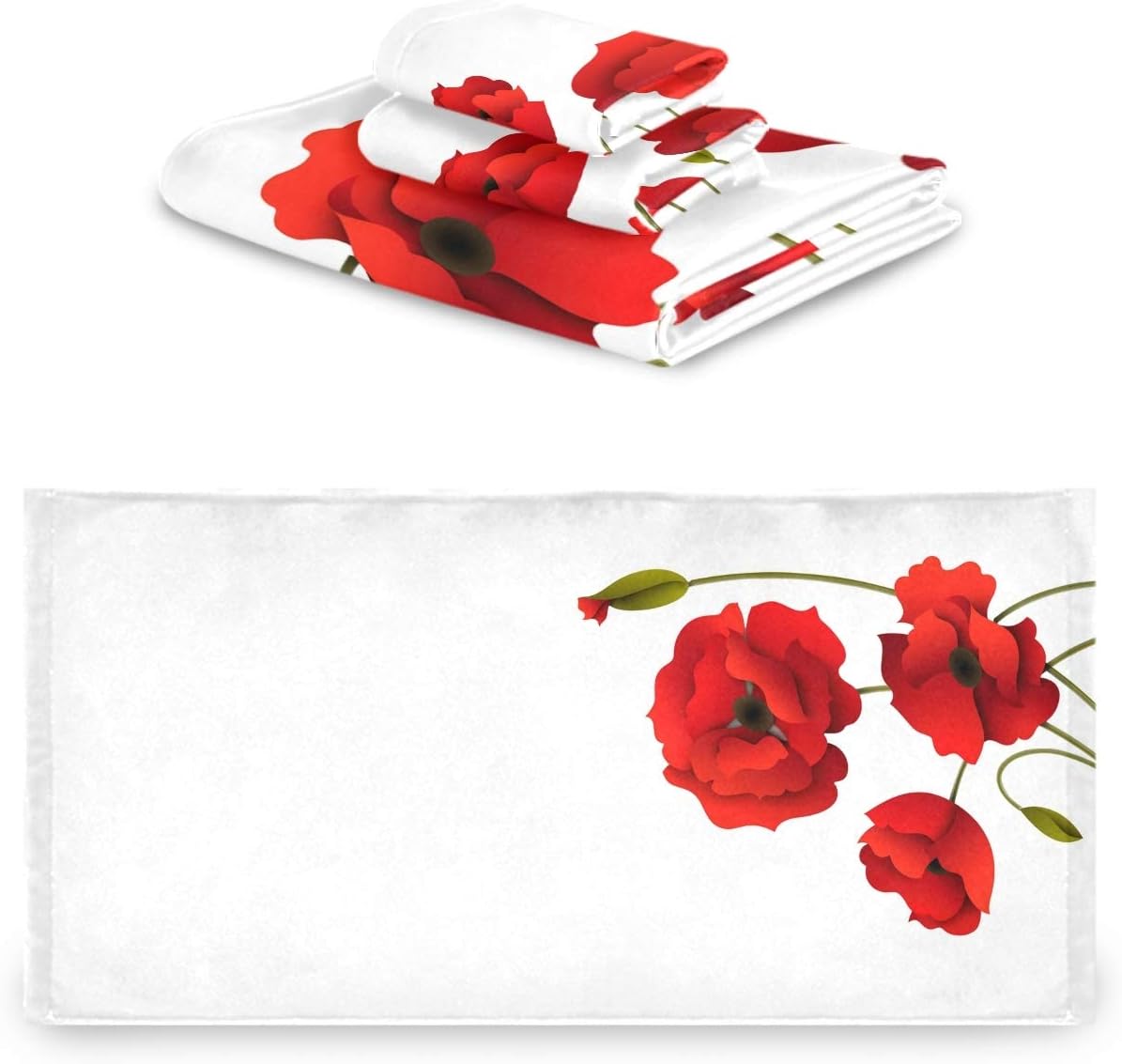 Naanle Red Poppy Flower Towel Set of 3