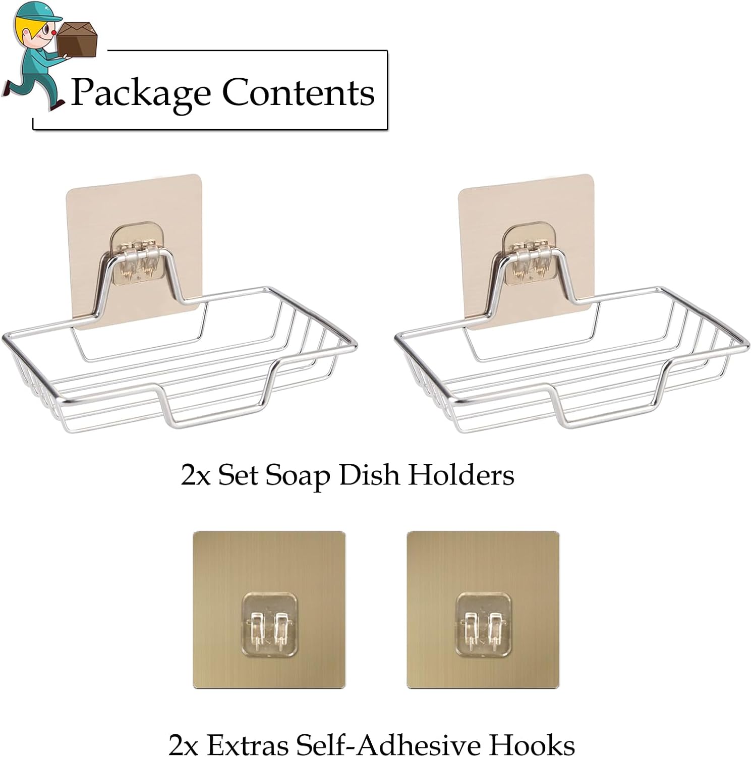 2-Pack Stainless Steel Soap Dish Holder with Self-Adhesive Hooks