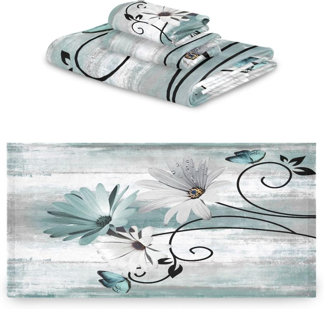 MATEKULI 3-Piece Farm Teal Daisy Bath Towel Set